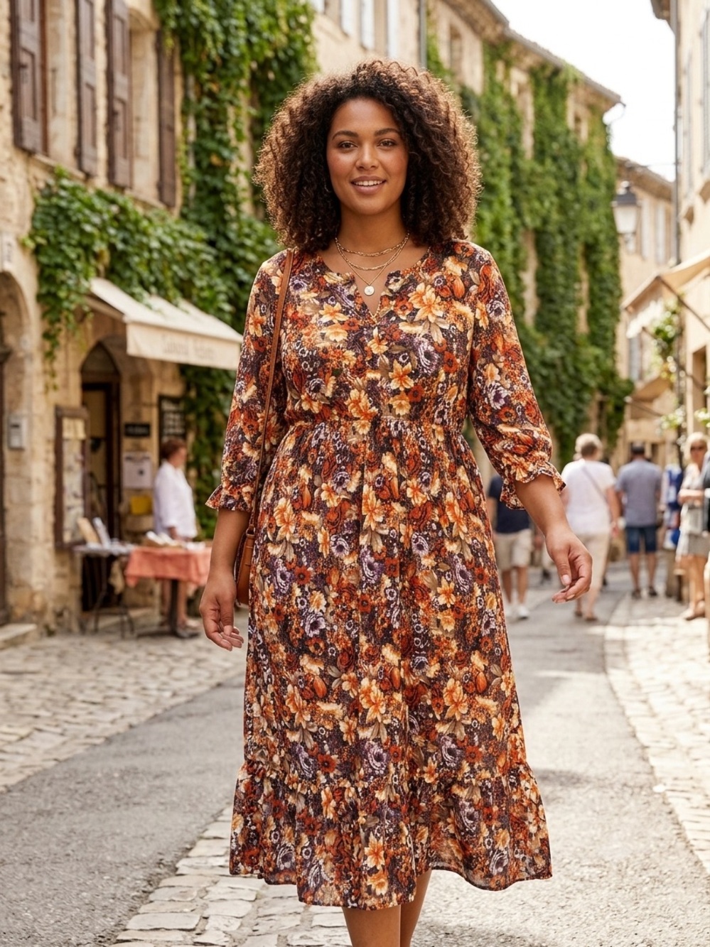 Floral Tiered Midi Dress‎ in Autumn Floral
